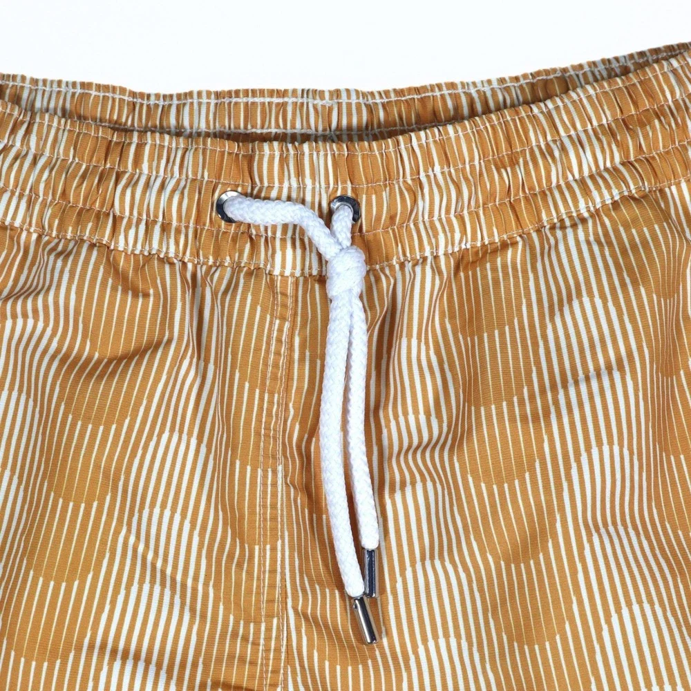 ⁠Frescobol Carioca Mens Swim Shorts Medium M Yellow Geometric Wave Mesh Trunks⁠
